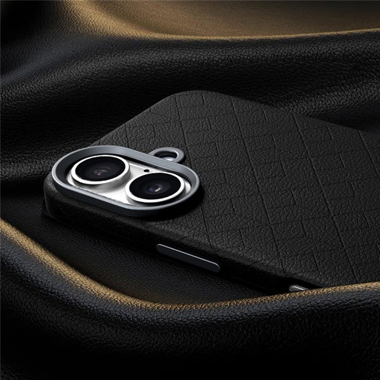 For iPhone 16 Plus Case Compatible with MagSafe Metal Lens Frame Y Pattern PC+PU Phone Cover - Dark Blue