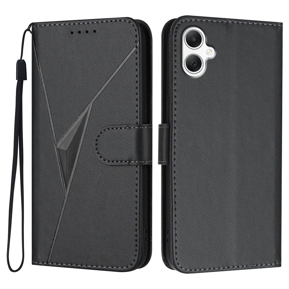 YX0090 For Samsung Galaxy A06 Case Triangle Imprint Leather Phone Cover with Lanyard - Black