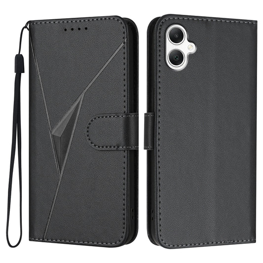 YX0090 For Samsung Galaxy A06 Case Triangle Imprint Leather Phone Cover with Lanyard - Black