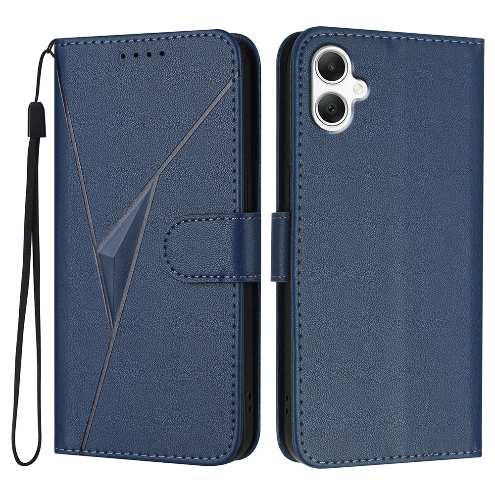 YX0090 For Samsung Galaxy A06 Case Triangle Imprint Leather Phone Cover with Lanyard - Sapphire