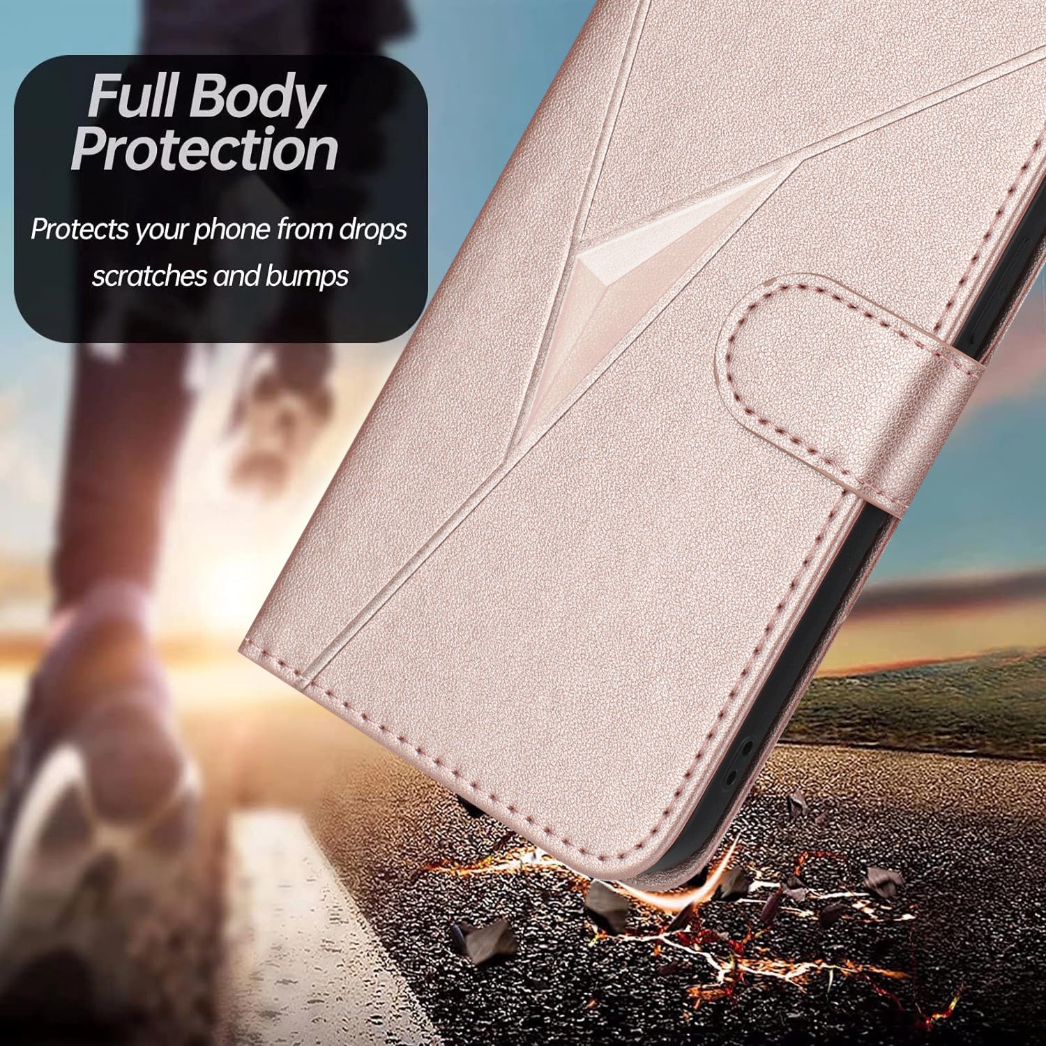 YX0090 For Samsung Galaxy A16 5G  /  4G Case Triangle Imprint Leather Phone Cover with Lanyard - Rose Gold