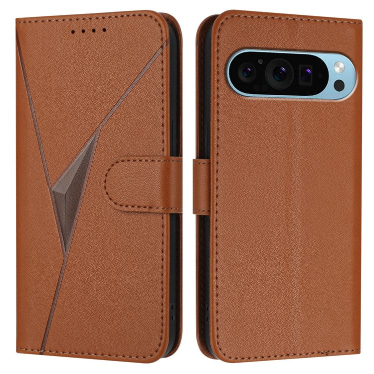 For Google Pixel 9 Pro XL Case Triangle Imprint Leather Phone Cover with Lanyard - Coffee