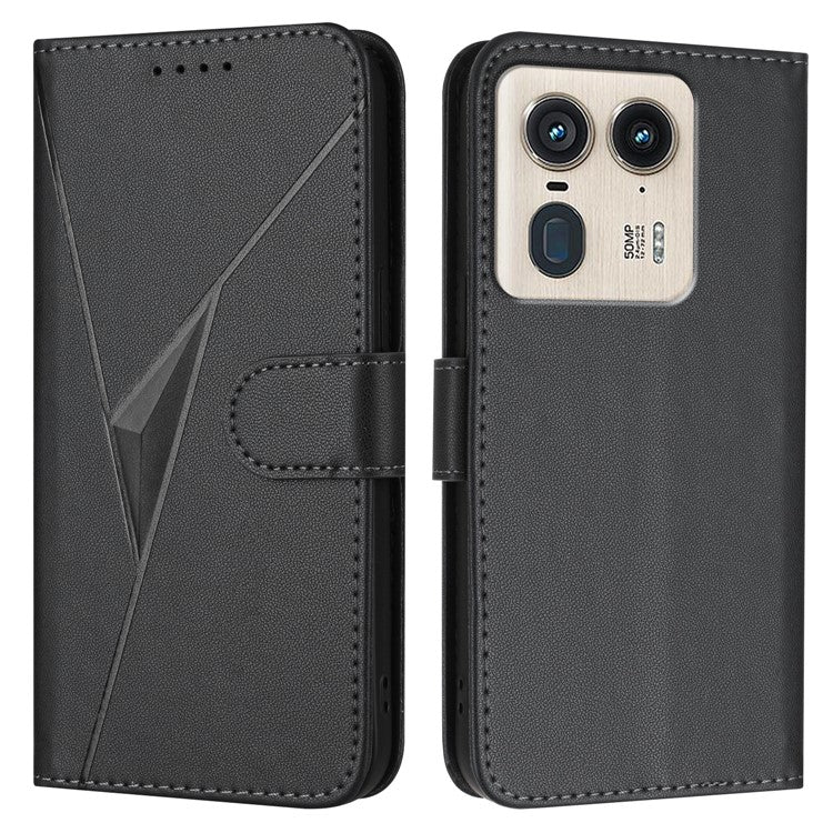 For Motorola Moto X50 Ultra 5G / Edge 50 Ultra 5G Case Triangle Imprint Leather Phone Cover with Lanyard - Black