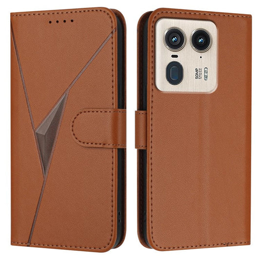 For Motorola Moto X50 Ultra 5G / Edge 50 Ultra 5G Case Triangle Imprint Leather Phone Cover with Lanyard - Coffee