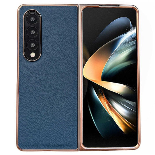 For Samsung Galaxy Z Fold4 5G Horizon Series Nano Electroplating Phone Case PU Leather Coated Hard PC Protective Cover - Sky Blue
