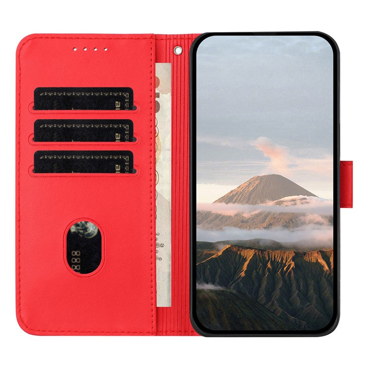 YX0090 For iPhone 16 Pro Case Triangle Imprint Leather Phone Cover with Lanyard - Red