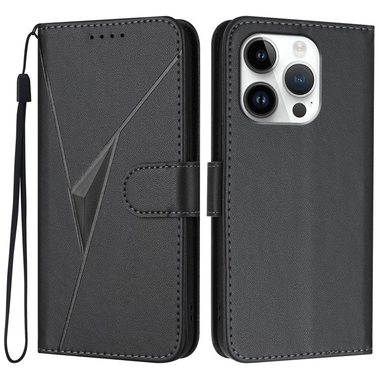 YX0090 For iPhone 16 Pro Case Triangle Imprint Leather Phone Cover with Lanyard - Black