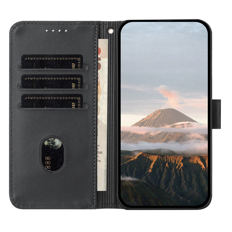 YX0090 For iPhone 16 Pro Case Triangle Imprint Leather Phone Cover with Lanyard - Black