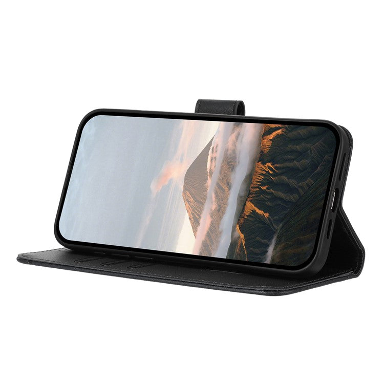 YX0090 For iPhone 16 Pro Case Triangle Imprint Leather Phone Cover with Lanyard - Black