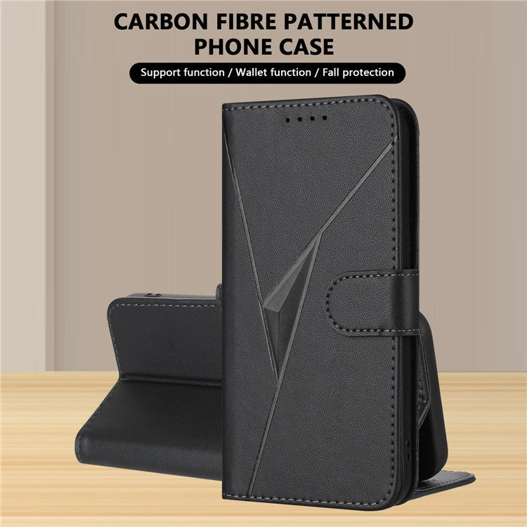 YX0090 For iPhone 16 Pro Case Triangle Imprint Leather Phone Cover with Lanyard - Black