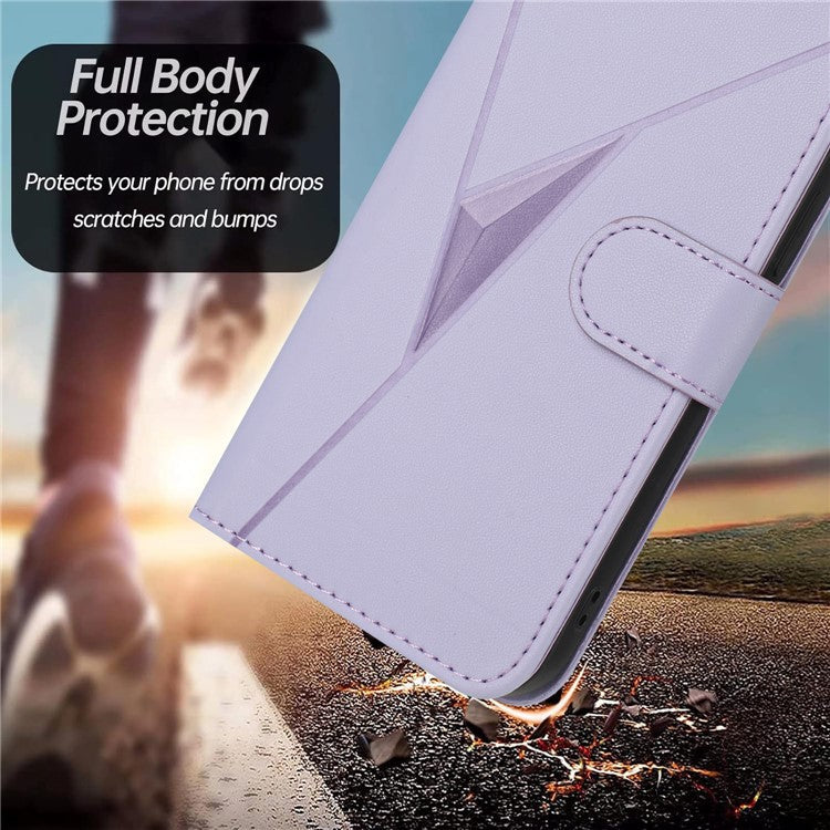 YX0090 For iPhone 16 Pro Case Triangle Imprint Leather Phone Cover with Lanyard - Light Purple
