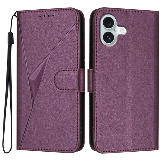 YX0090 For iPhone 16 Plus Case Triangle Imprint Leather Phone Cover with Lanyard - Dark Purple