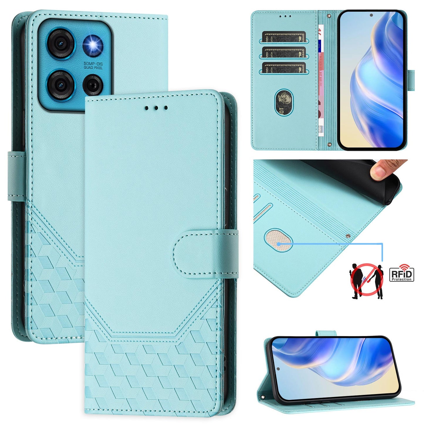 For Motorola Moto G75 5G Case Imprinted Honeycomb RFID Blocking Leather Phone Cover with Strap - Mint Green