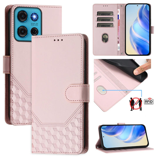 For Motorola Moto G75 5G Case Imprinted Honeycomb RFID Blocking Leather Phone Cover with Strap - Pink