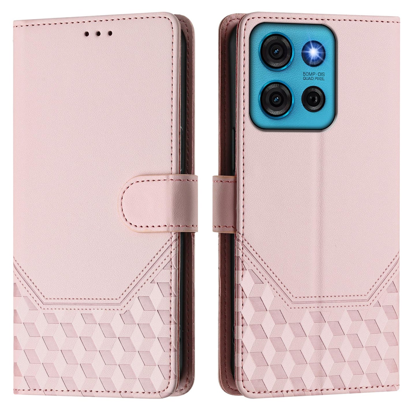 For Motorola Moto G75 5G Case Imprinted Honeycomb RFID Blocking Leather Phone Cover with Strap - Pink