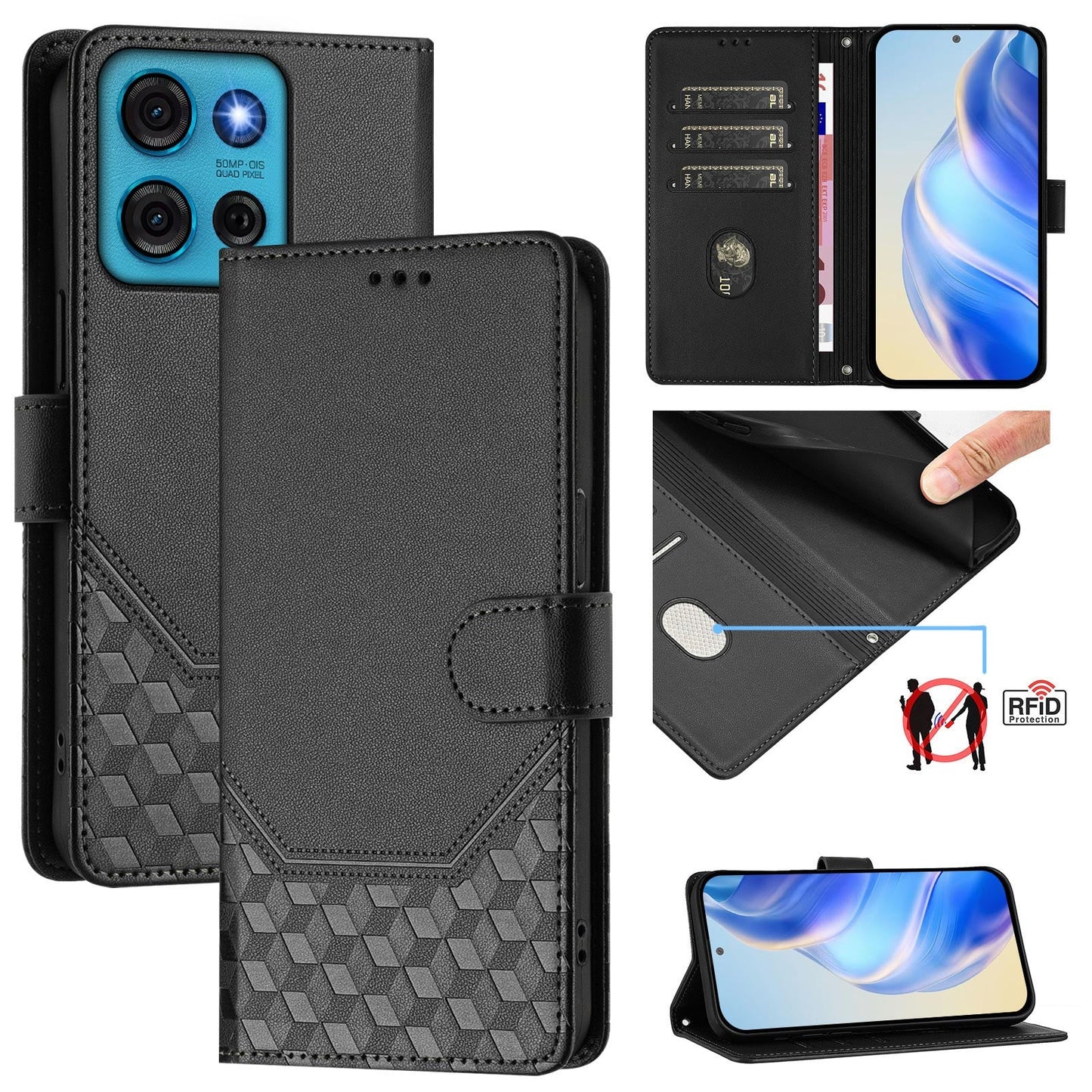 For Motorola Moto G75 5G Case Imprinted Honeycomb RFID Blocking Leather Phone Cover with Strap - Black