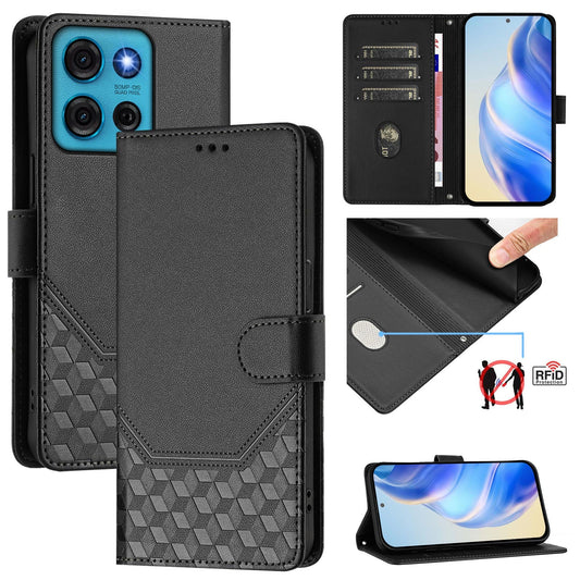 For Motorola Moto G75 5G Case Imprinted Honeycomb RFID Blocking Leather Phone Cover with Strap - Black