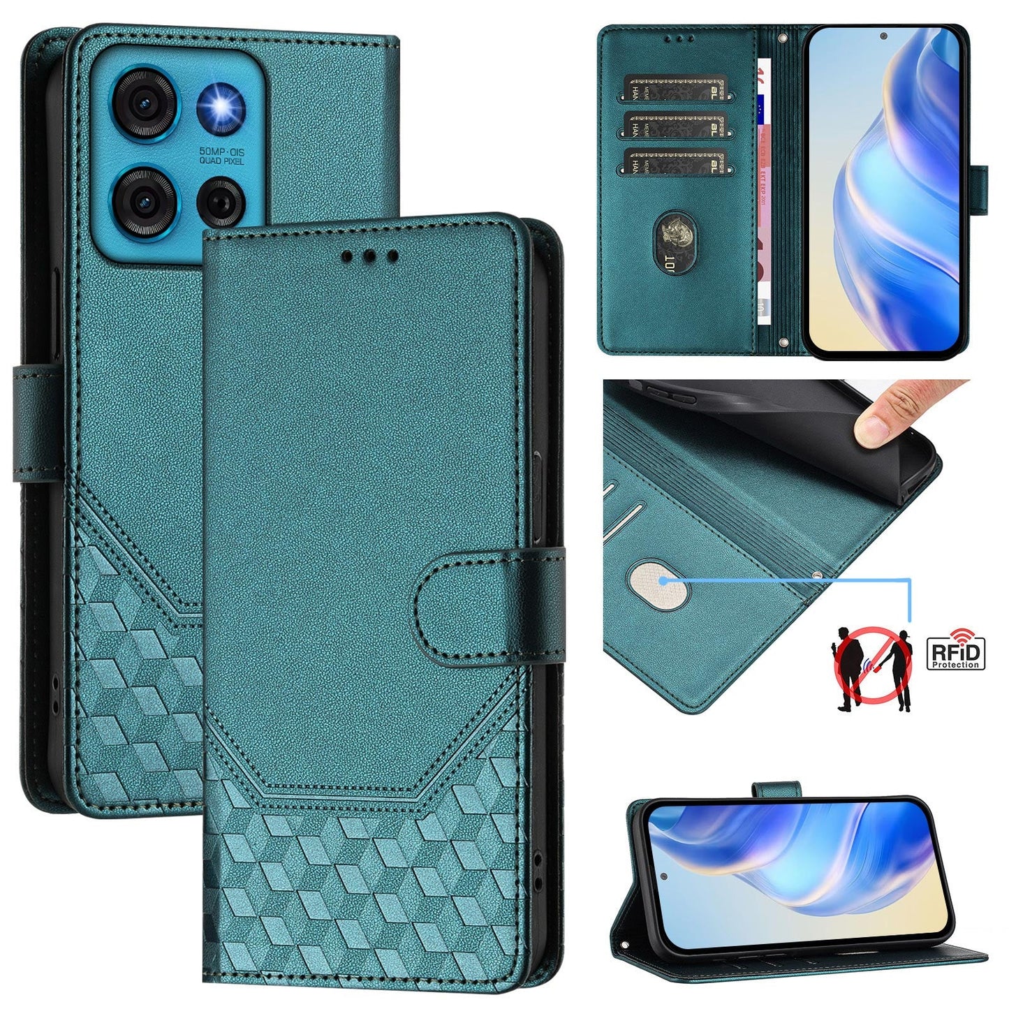 For Motorola Moto G75 5G Case Imprinted Honeycomb RFID Blocking Leather Phone Cover with Strap - Green