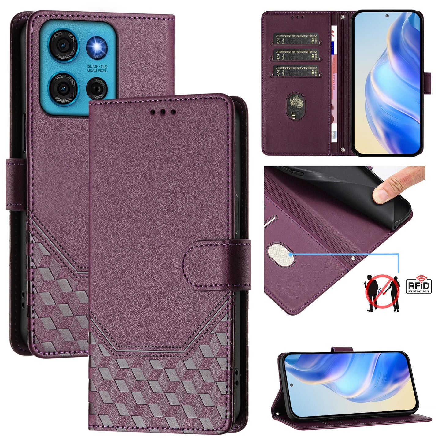 For Motorola Moto G75 5G Case Imprinted Honeycomb RFID Blocking Leather Phone Cover with Strap - Dark Purple