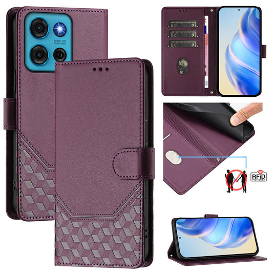 For Motorola Moto G75 5G Case Imprinted Honeycomb RFID Blocking Leather Phone Cover with Strap - Dark Purple