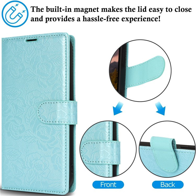 For iPhone 16 Plus Case with Hand Strap Flower Imprint Leather Wallet Phone Cover - Blue