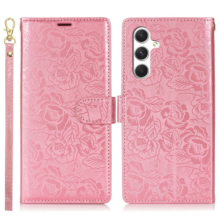 For Samsung Galaxy S25 Case with Hand Strap Flower Imprint Leather Wallet Phone Cover - Rose Gold
