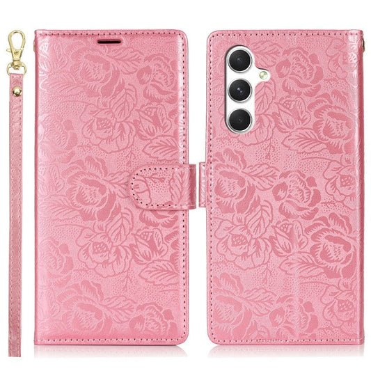For Samsung Galaxy S25 Case with Hand Strap Flower Imprint Leather Wallet Phone Cover - Rose Gold