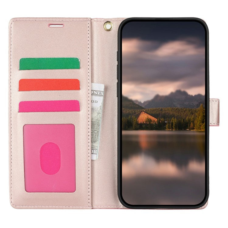 For Samsung Galaxy S25 Case with Hand Strap Flower Imprint Leather Wallet Phone Cover - Rose Gold