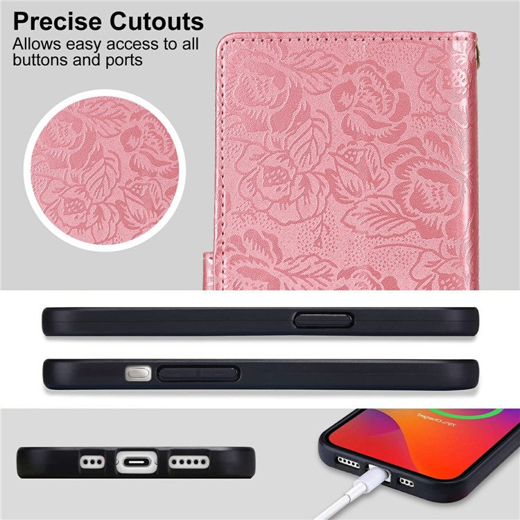 For Samsung Galaxy S25 Case with Hand Strap Flower Imprint Leather Wallet Phone Cover - Rose Gold