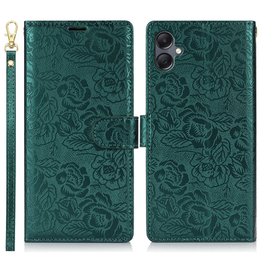 For Samsung Galaxy A06 Case with Hand Strap Flower Imprint Leather Wallet Phone Cover - Green