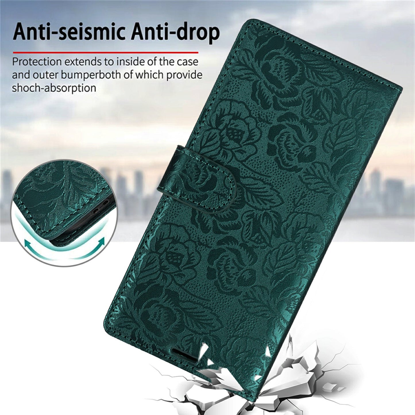 For Samsung Galaxy A06 Case with Hand Strap Flower Imprint Leather Wallet Phone Cover - Green
