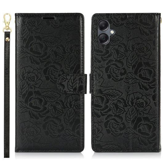 For Samsung Galaxy A06 Case with Hand Strap Flower Imprint Leather Wallet Phone Cover - Black