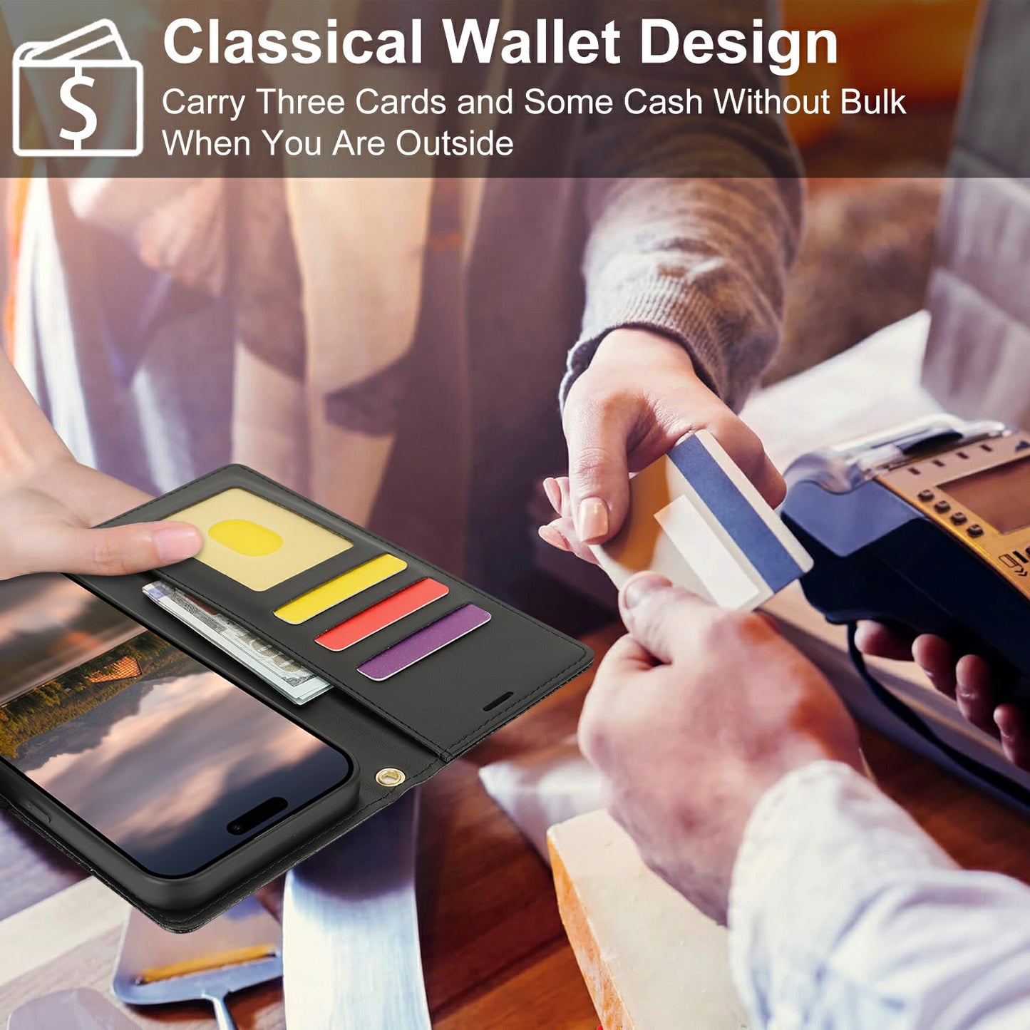 For Samsung Galaxy A06 Case with Hand Strap Flower Imprint Leather Wallet Phone Cover - Black