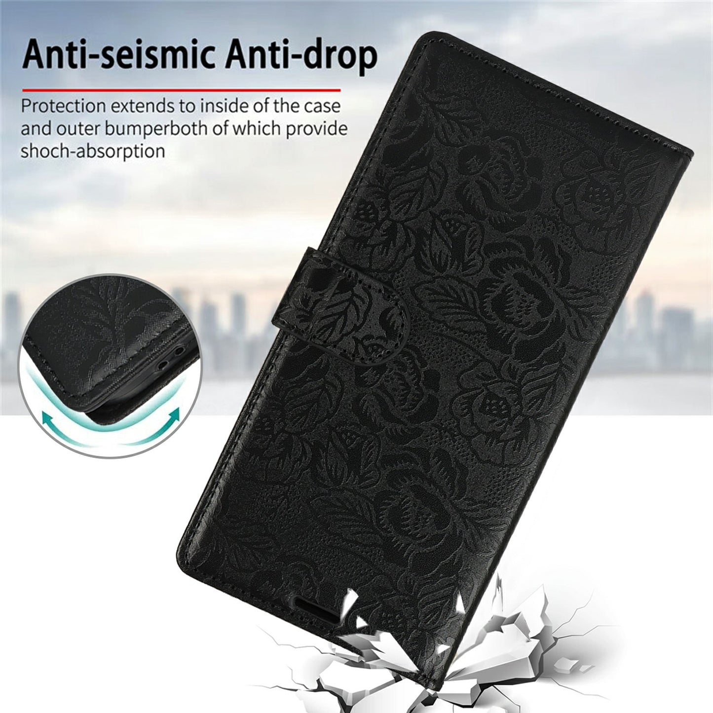 For Samsung Galaxy A06 Case with Hand Strap Flower Imprint Leather Wallet Phone Cover - Black