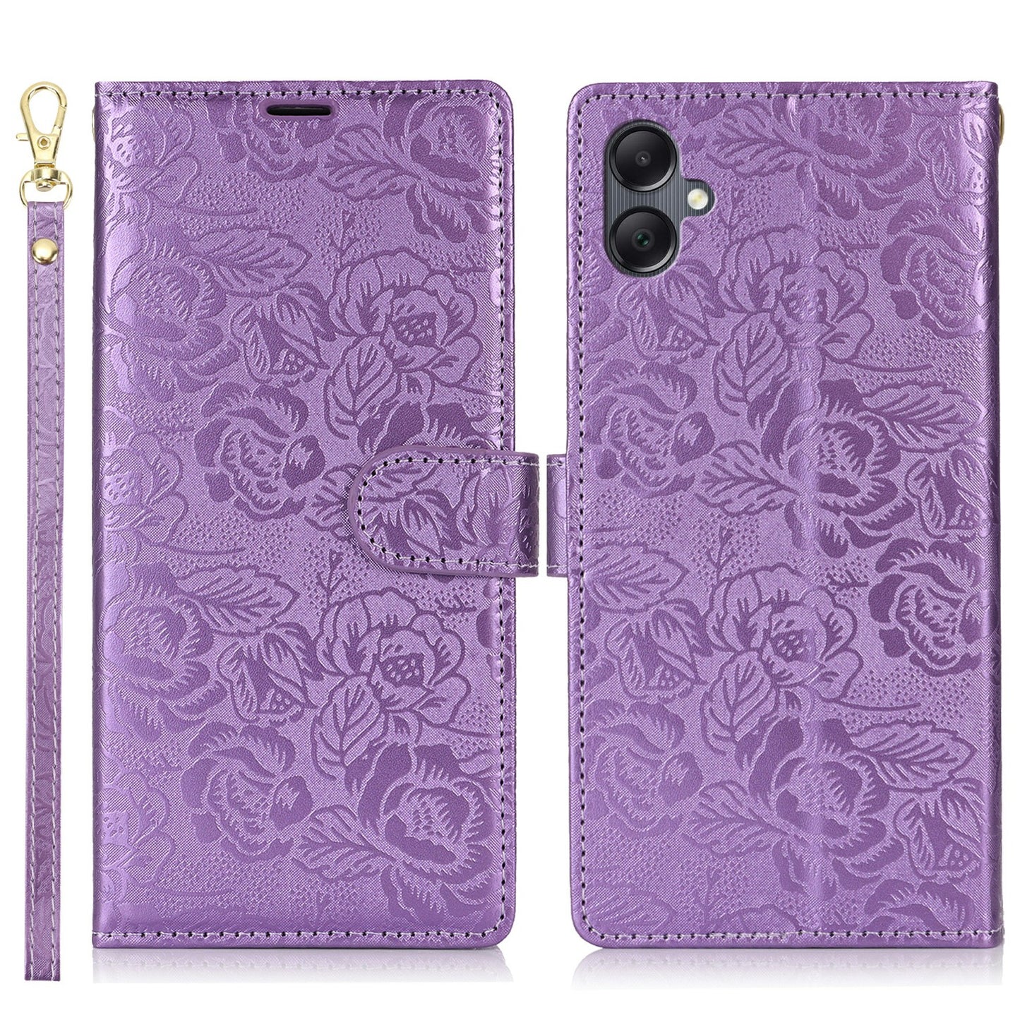 For Samsung Galaxy A06 Case with Hand Strap Flower Imprint Leather Wallet Phone Cover - Purple