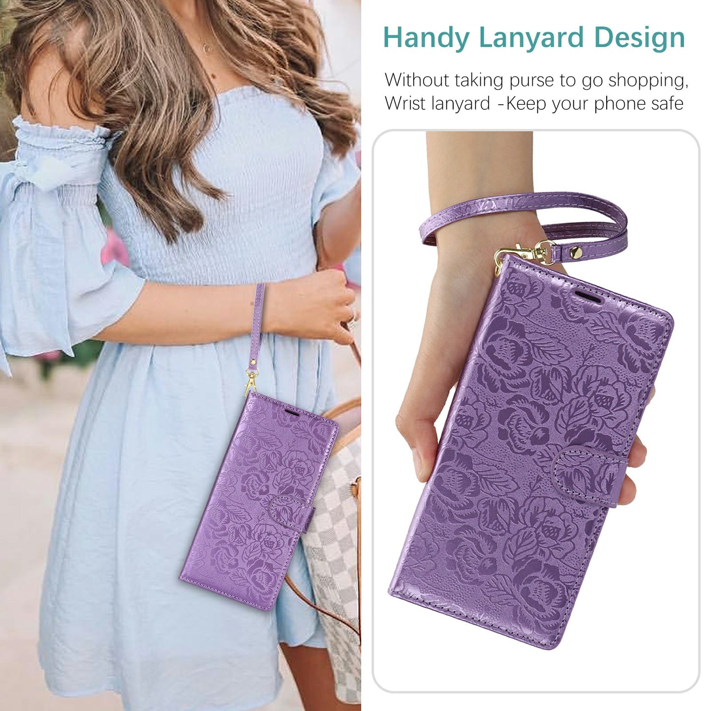 For Samsung Galaxy A06 Case with Hand Strap Flower Imprint Leather Wallet Phone Cover - Purple