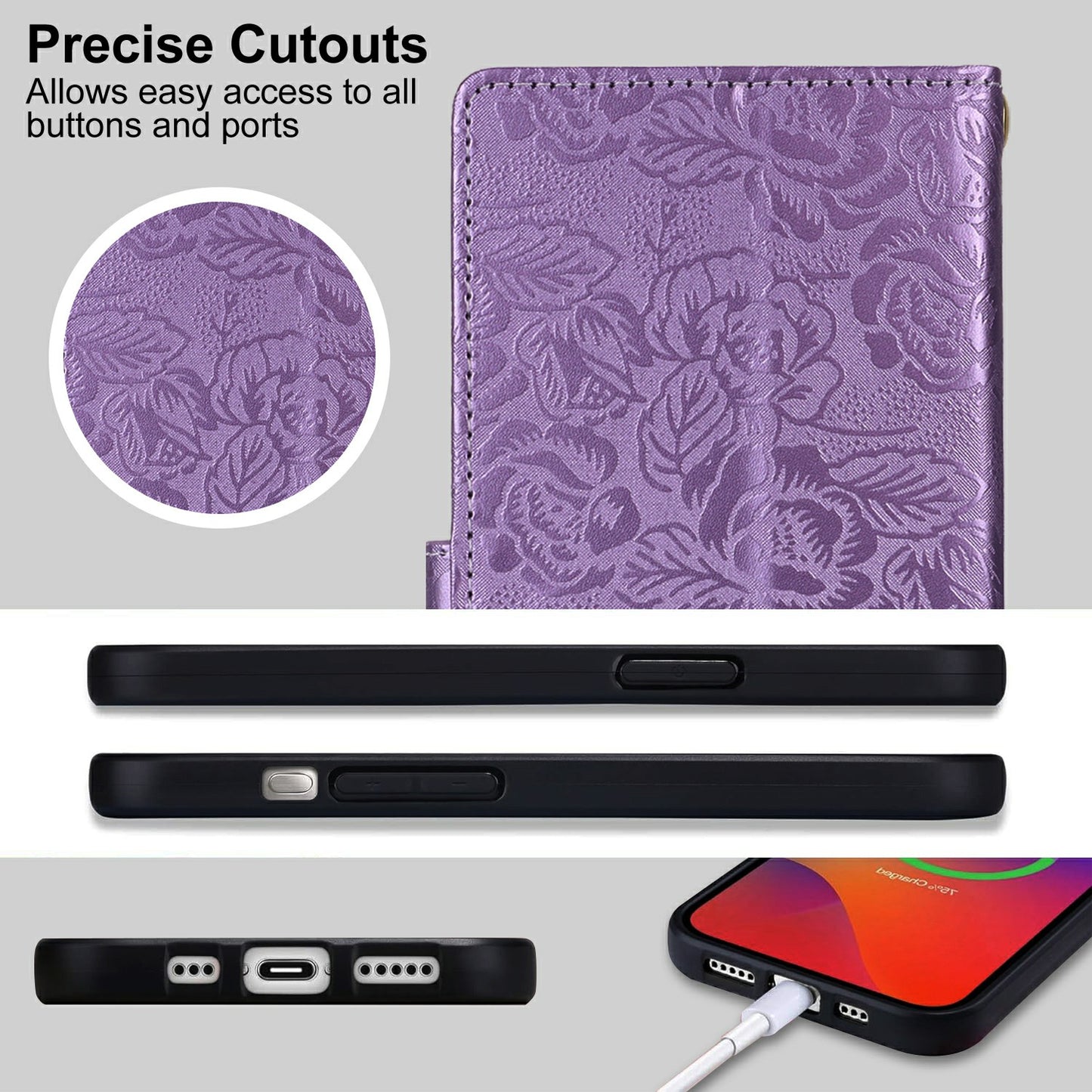 For Samsung Galaxy A06 Case with Hand Strap Flower Imprint Leather Wallet Phone Cover - Purple