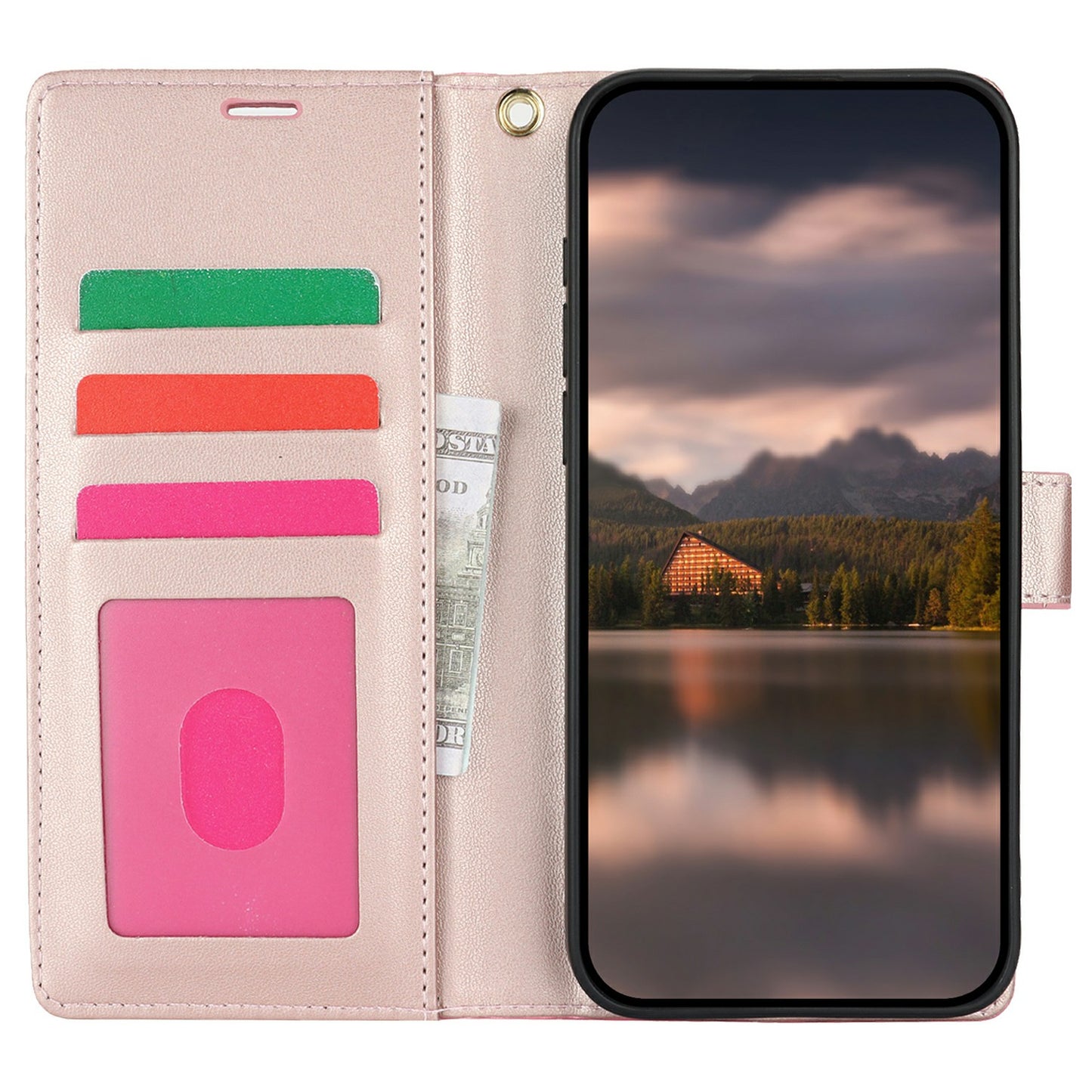 For Samsung Galaxy A06 Case with Hand Strap Flower Imprint Leather Wallet Phone Cover - Rose Gold