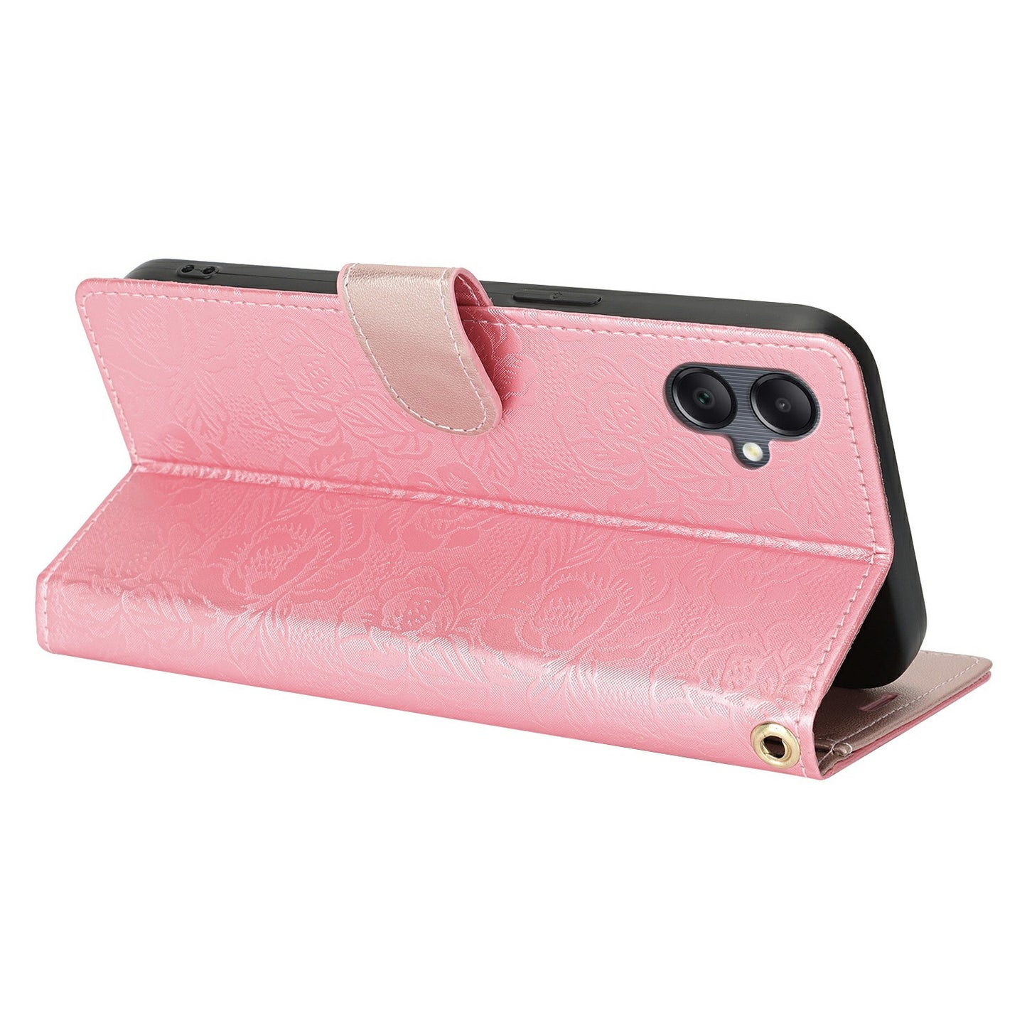 For Samsung Galaxy A06 Case with Hand Strap Flower Imprint Leather Wallet Phone Cover - Rose Gold