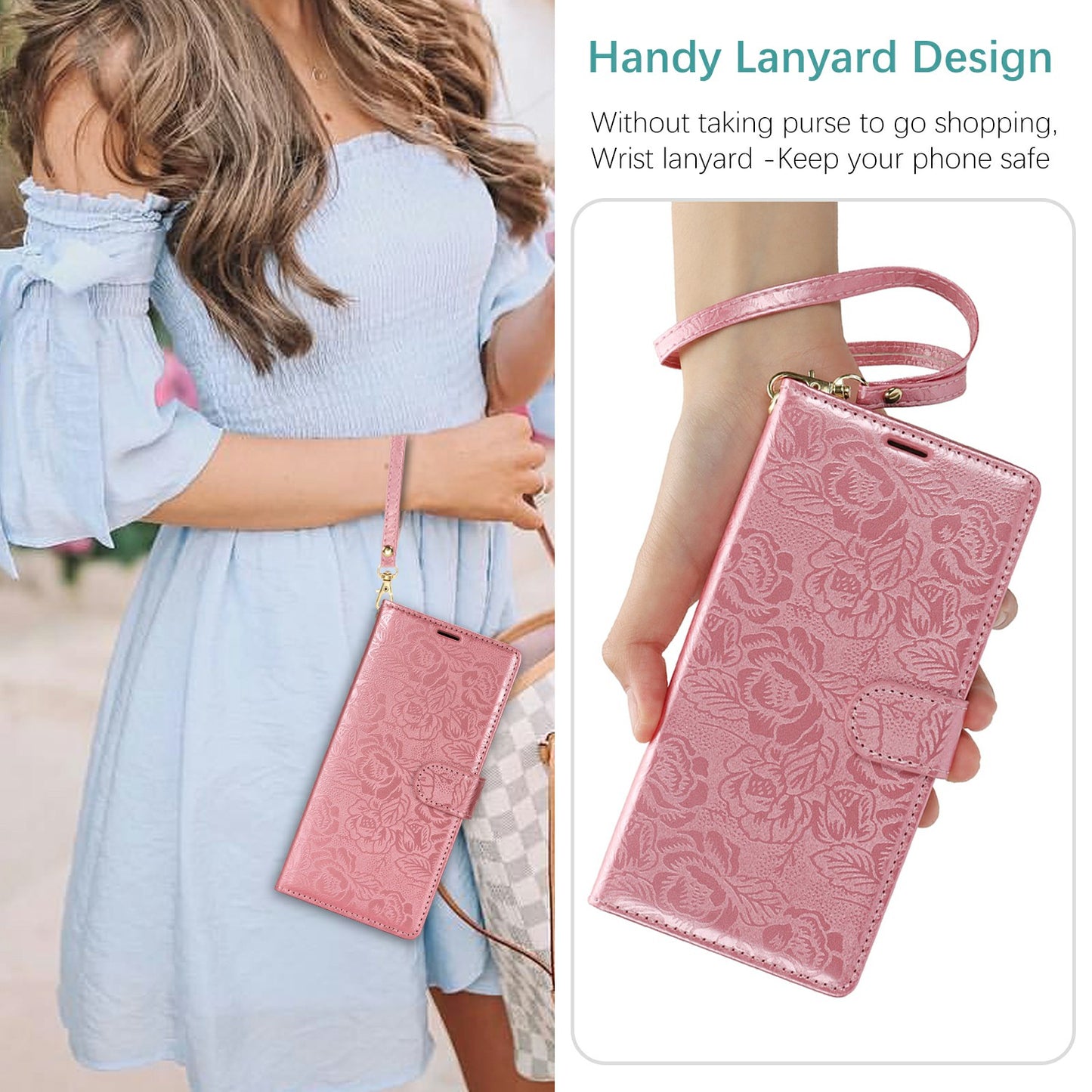 For Samsung Galaxy A06 Case with Hand Strap Flower Imprint Leather Wallet Phone Cover - Rose Gold