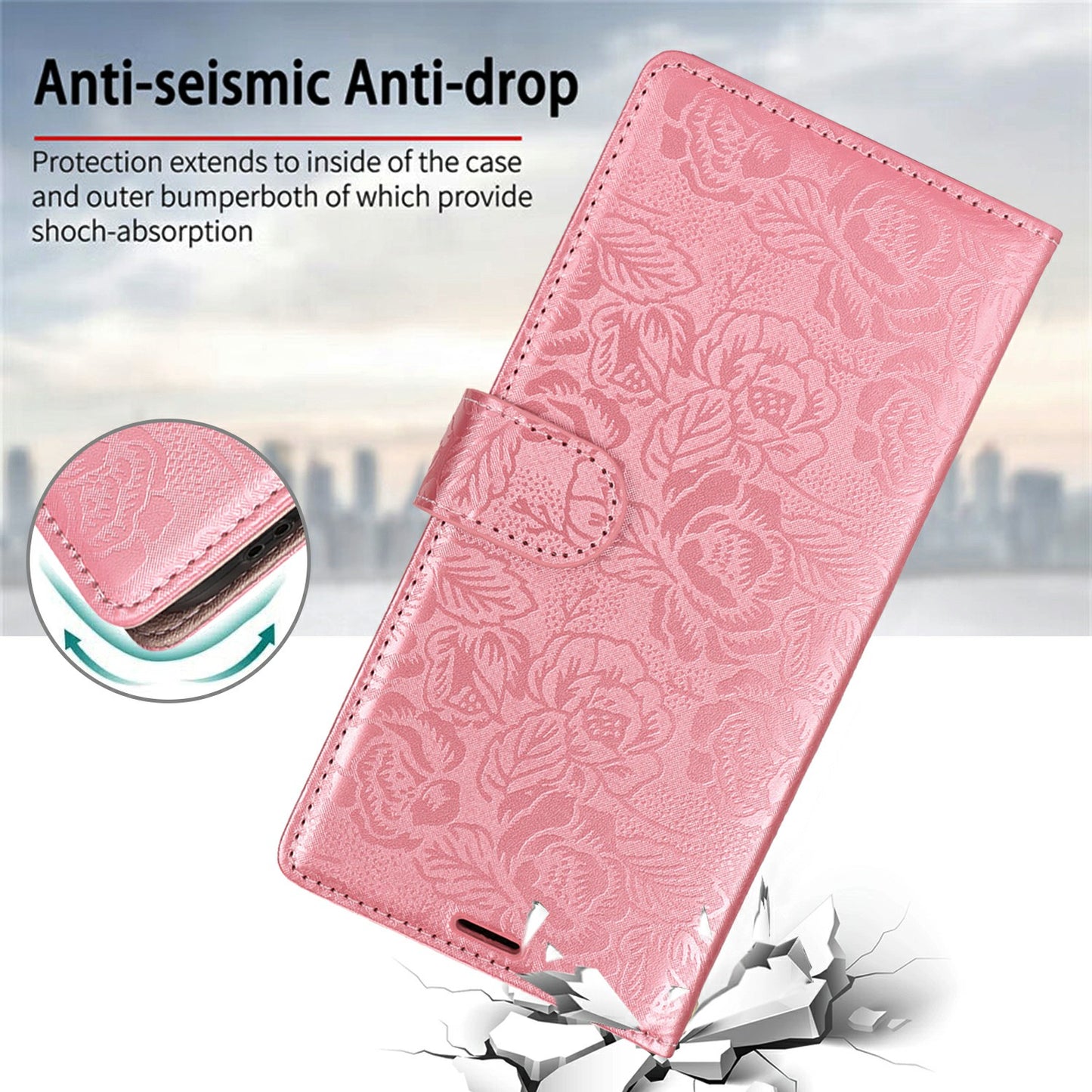 For Samsung Galaxy A06 Case with Hand Strap Flower Imprint Leather Wallet Phone Cover - Rose Gold
