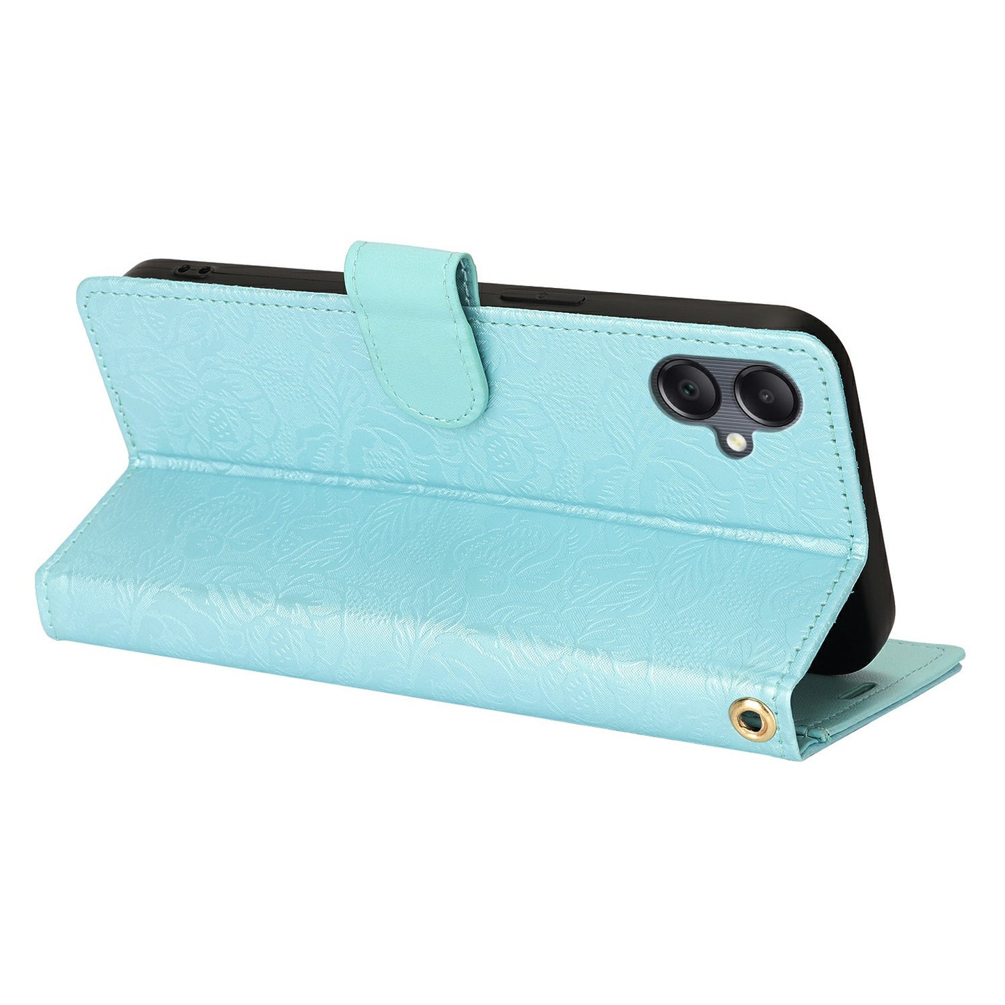 For Samsung Galaxy A06 Case with Hand Strap Flower Imprint Leather Wallet Phone Cover - Blue