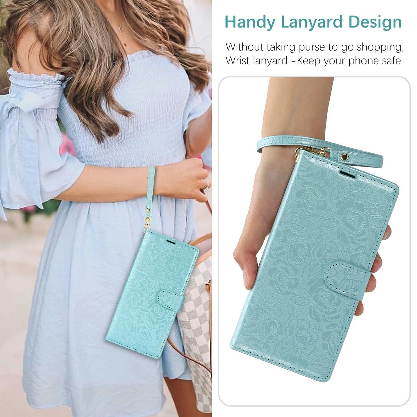 For Samsung Galaxy A06 Case with Hand Strap Flower Imprint Leather Wallet Phone Cover - Blue