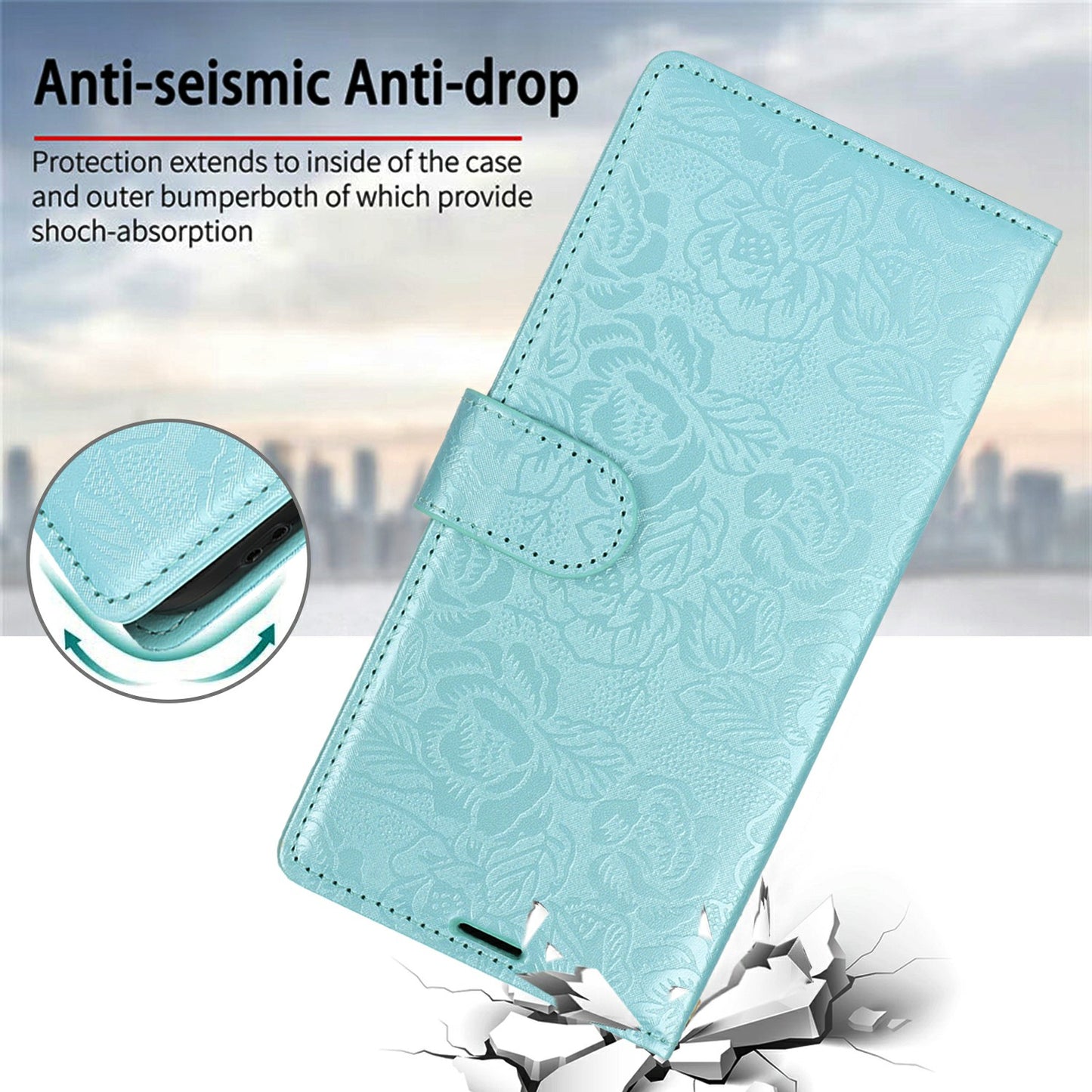 For Samsung Galaxy A06 Case with Hand Strap Flower Imprint Leather Wallet Phone Cover - Blue
