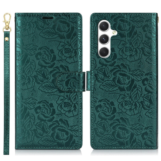 For Samsung Galaxy A16 4G / 5G Case with Hand Strap Flower Imprint Leather Wallet Phone Cover - Green