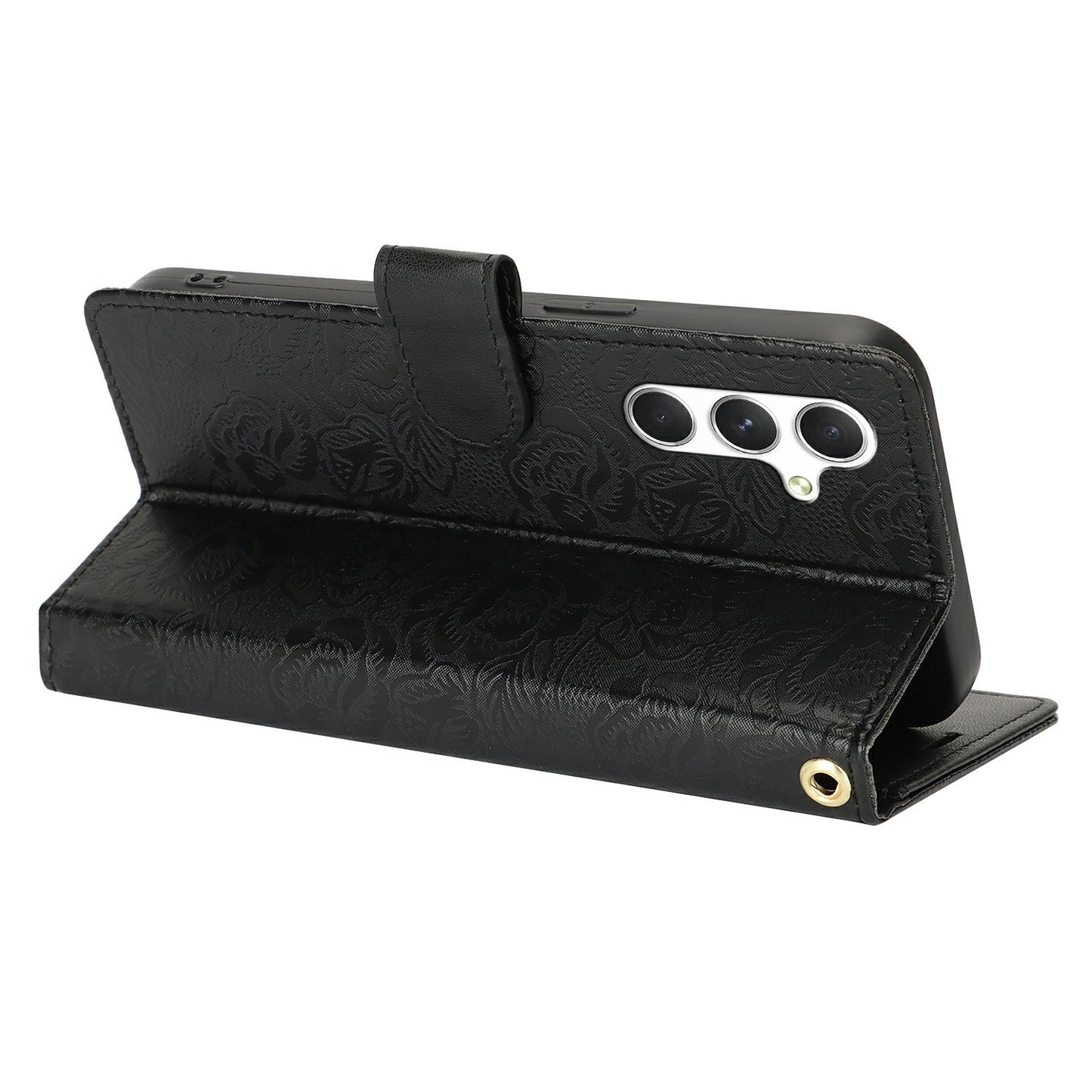 For Samsung Galaxy A16 4G / 5G Case with Hand Strap Flower Imprint Leather Wallet Phone Cover - Black