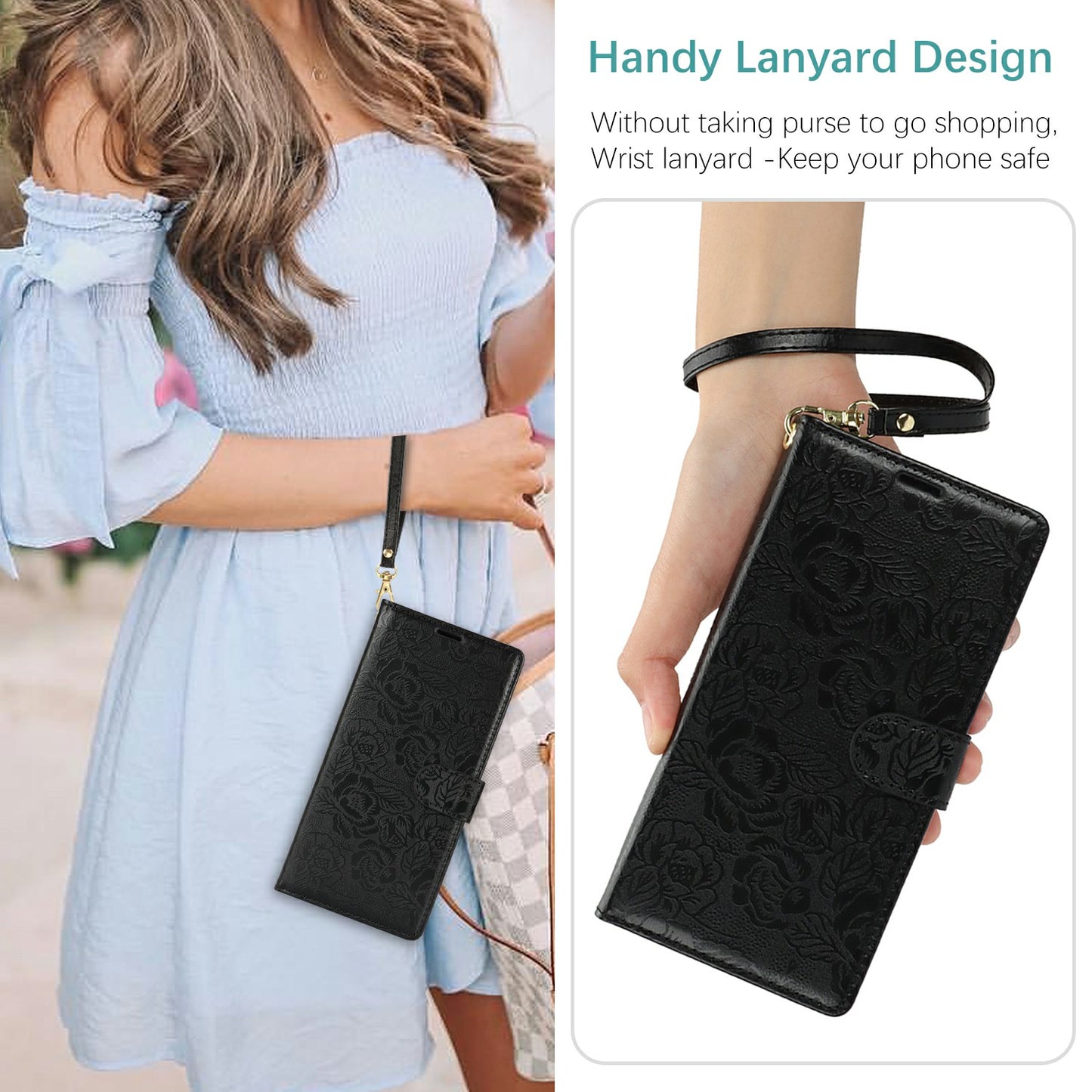 For Samsung Galaxy A16 4G / 5G Case with Hand Strap Flower Imprint Leather Wallet Phone Cover - Black