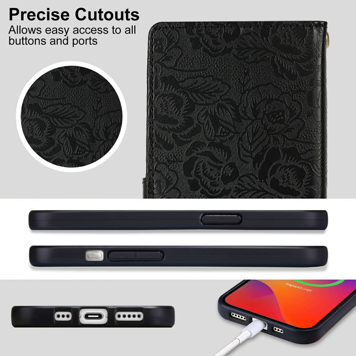 For Samsung Galaxy A16 4G / 5G Case with Hand Strap Flower Imprint Leather Wallet Phone Cover - Black