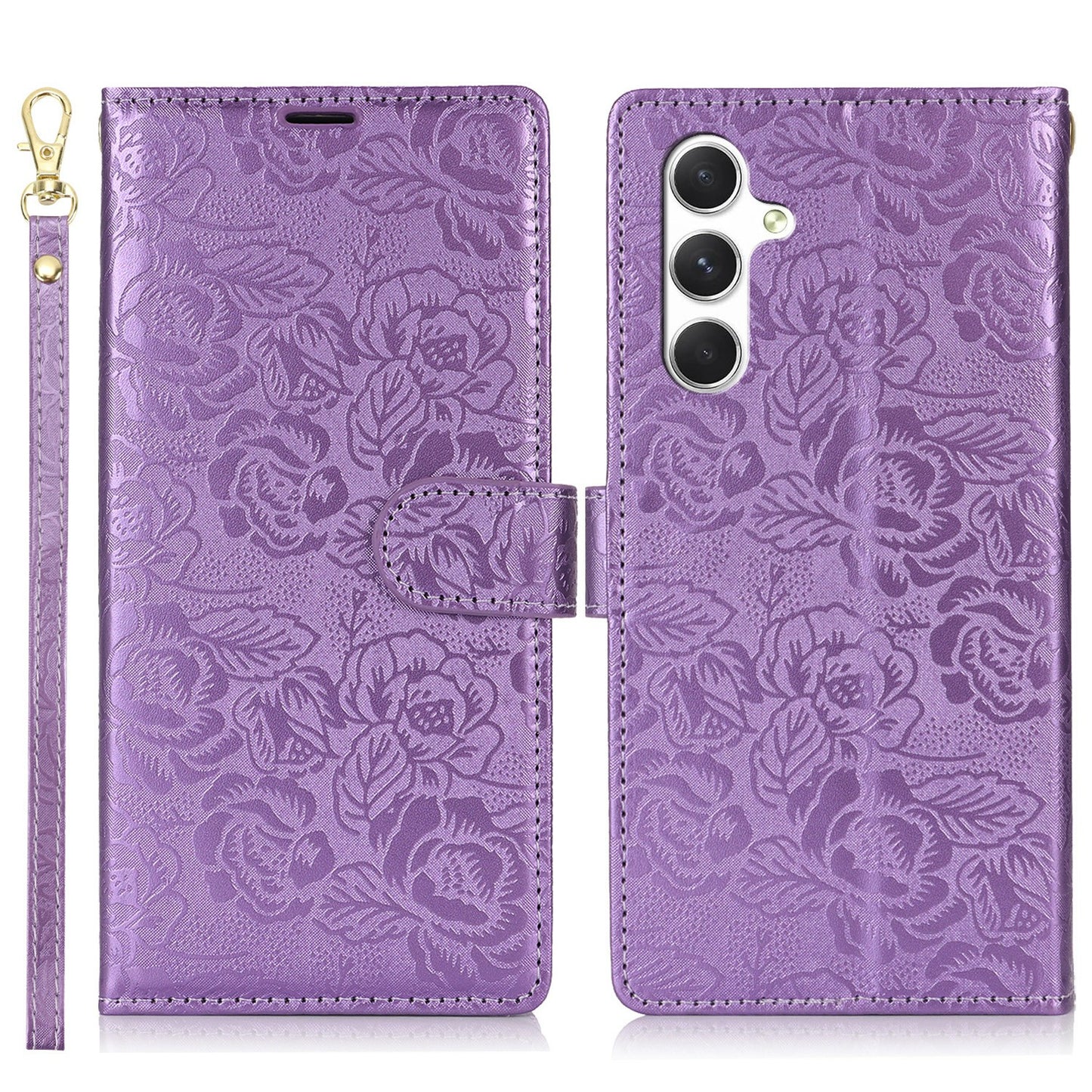 For Samsung Galaxy A16 4G / 5G Case with Hand Strap Flower Imprint Leather Wallet Phone Cover - Purple