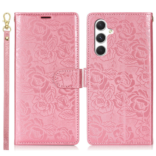 For Samsung Galaxy A16 4G / 5G Case with Hand Strap Flower Imprint Leather Wallet Phone Cover - Rose Gold